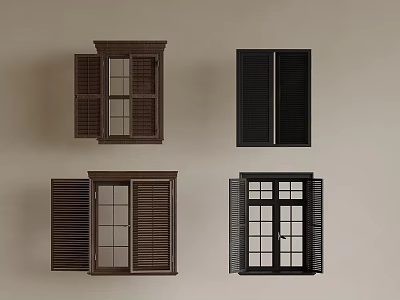 Four Stylish Casement Windows In Brown And Black With Various Designs And Shutters 3d model