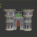 Scenic Castle Landscape With Two Stone Towers Arched Gate And Red Roof Elements