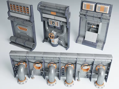 Industrial Scene Components With Gray Pipes Valves And Orange Detailed Panels 3d model