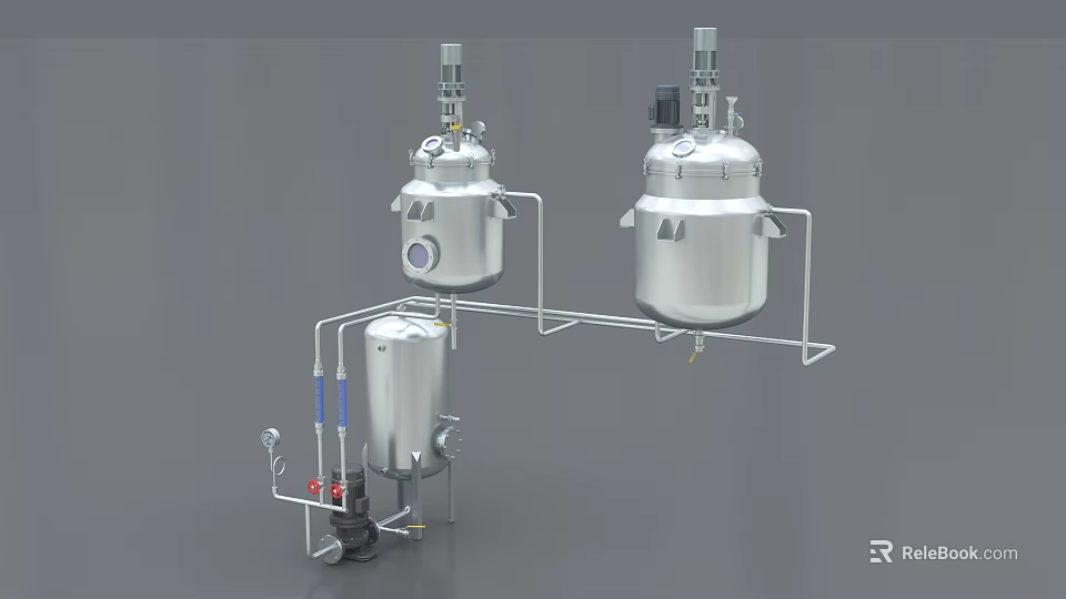 Industrial Equipment Stainless Steel Reactor System With Double Vessels Piping And Support Frame 3d model 