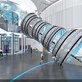 Modern Tech Exhibition Hall Interior With Spiral Glass Structure And Blue Lighting