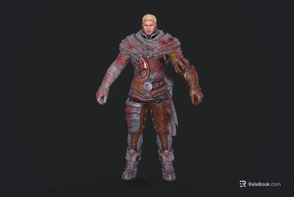 Game Movie Armored Character With Red Brown Blood Stained Armor Metallic Texture And Gray Cloak 3d model 