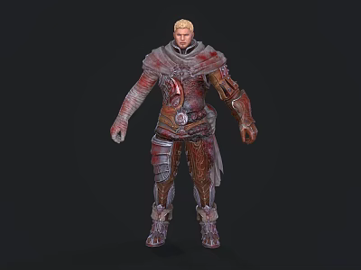 Game Movie Armored Character With Red Brown Blood Stained Armor Metallic Texture And Gray Cloak 3d model