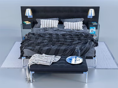 Modern Double Bed With Black Headboard Gray Blanket Striped Pillows Nightstands And Bench 3d model