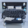 Modern Double Bed With Black Headboard Gray Blanket Striped Pillows Nightstands And Bench