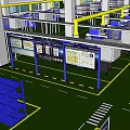 Industrial Factory Interior With Green Floor Yellow Railings And Data Display Boards