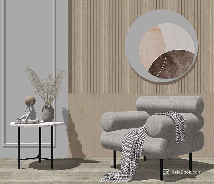 Light Gray Fabric Single Seater Sofa With Plaid Throw Blanket Side Table Vase Round Artwork 3d model 