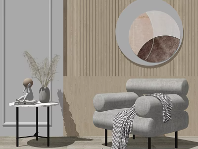 Light Gray Fabric Single Seater Sofa With Plaid Throw Blanket Side Table Vase Round Artwork 3d model
