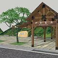 Scenic Garden Landscape With Wooden Pavilion Tile Roof Green Trees And Grassland