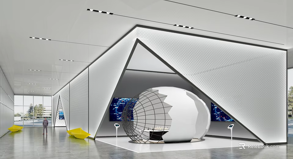 Modern Exhibition Booth Design With Geometric Triangular Walls And Wire Mesh Sphere Installation 3d model 