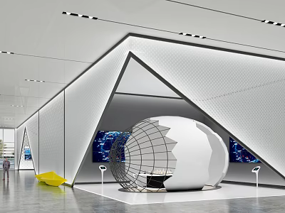 Modern Exhibition Booth Design With Geometric Triangular Walls And Wire Mesh Sphere Installation 3d model