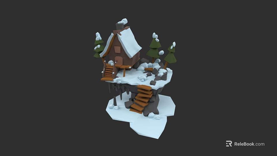 Micro Terrain Scene Featuring Snow Covered House Pine Trees And Stairs 3d model 