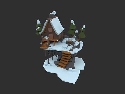 Micro Terrain Scene Featuring Snow Covered House Pine Trees And Stairs 3d model