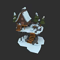 Micro Terrain Scene Featuring Snow Covered House Pine Trees And Stairs