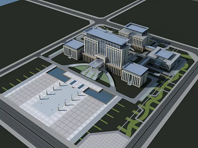 Modern Office Building Complex With Symmetric Structure Glass Facade And Central Plaza Green Landscaping 3d model