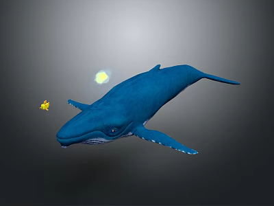 Blue Whale Swimming in Underwater Scene with Yellow Small Fish and Light Spot 3d model