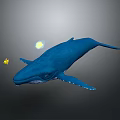 Blue Whale Swimming in Underwater Scene with Yellow Small Fish and Light Spot