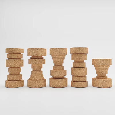 Five Cork Stools With Stacked Circular Blocks Arranged In A Row 3d model