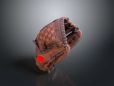Brown Leather Baseball Glove With Checkerboard Pattern And Red Accent 3d model