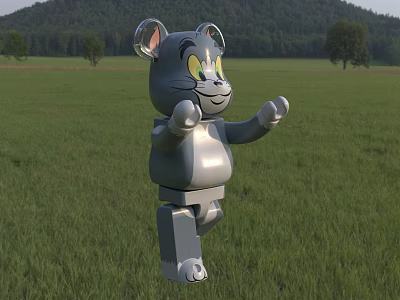 Gray Cat Shaped Lego Style Doll Standing On Green Grass Field With Trees And Mountain 3d model