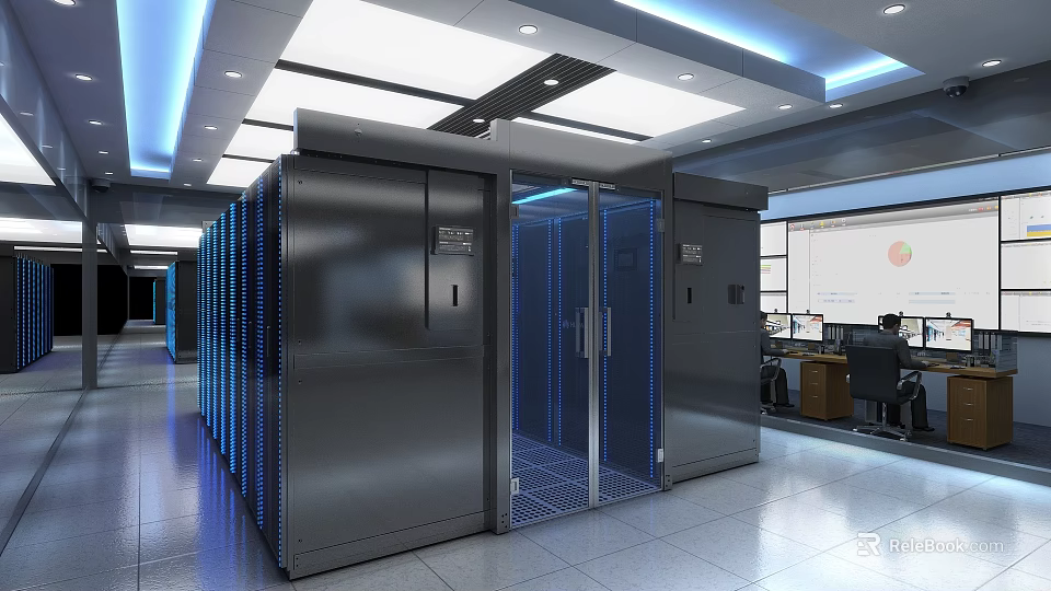 Modern Public Office Space With Multiple Workstations Blue Partitions And White Ceilings 3d model 