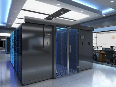 Modern Public Office Space With Multiple Workstations Blue Partitions And White Ceilings 3d model