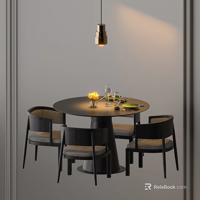 Modern Round Black Dining Table With Four Chairs And Pendant Light In Grey Room 3d model 