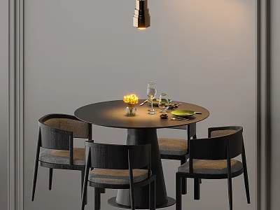 Modern Round Black Dining Table With Four Chairs And Pendant Light In Grey Room 3d model