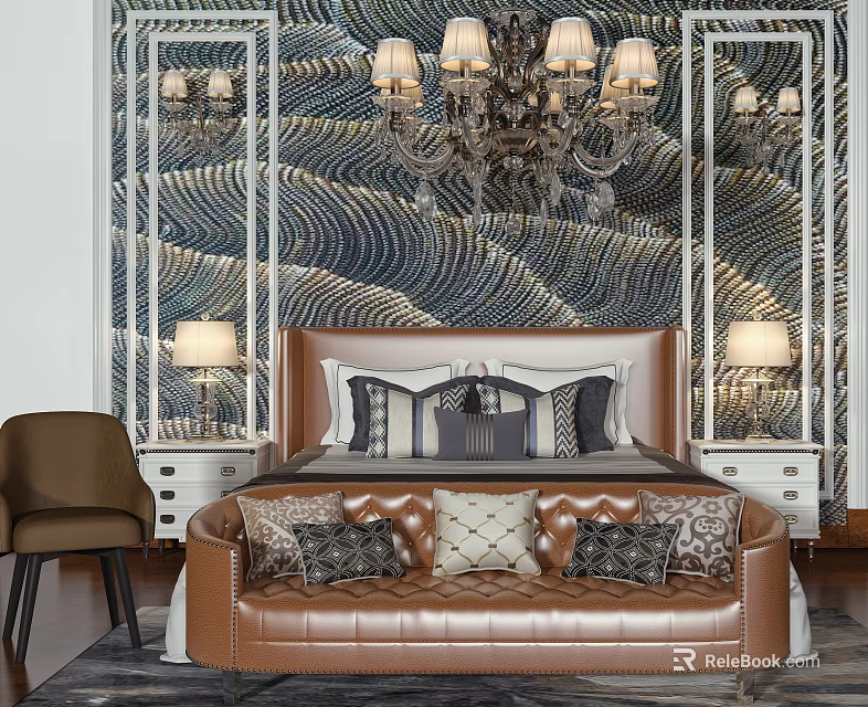 Luxurious Leather Bed in Background with Wavy Textured Wall Chandelier and Bedside Table Lamps 3d model 