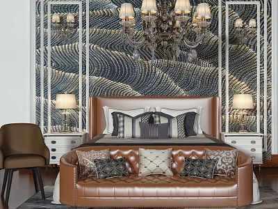 Luxurious Leather Bed in Background with Wavy Textured Wall Chandelier and Bedside Table Lamps 3d model