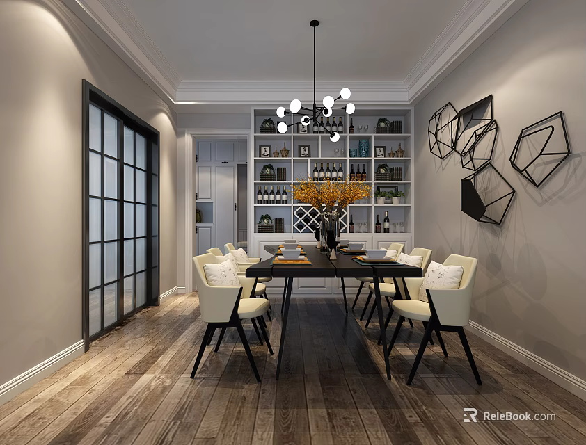 Modern Restaurant Interior With Dining Table White Chairs Chandelier Wine Cabinet And Geometric Art 3d model 