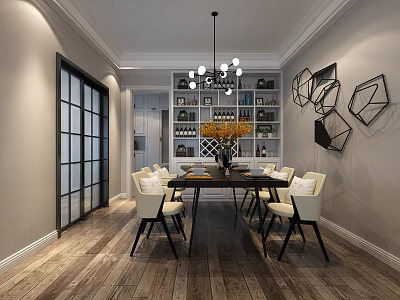 Modern Restaurant Interior With Dining Table White Chairs Chandelier Wine Cabinet And Geometric Art 3d model