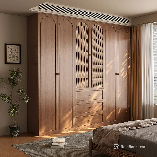 Wooden Wardrobe with Arch Design Rattan Panel and Drawers in Bedroom Setting 3d model 