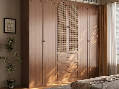 Wooden Wardrobe with Arch Design Rattan Panel and Drawers in Bedroom Setting 3d model