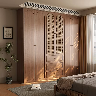 Wooden Wardrobe with Arch Design Rattan Panel and Drawers in Bedroom Setting 3d model