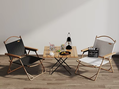 Director Style Folding Chairs And Small Table Set With Drinks Fruit Tray Lantern And Clapperboard 3d model