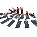 Group Of People Practicing Yoga With Various Poses On Yoga Mats And Green Plants