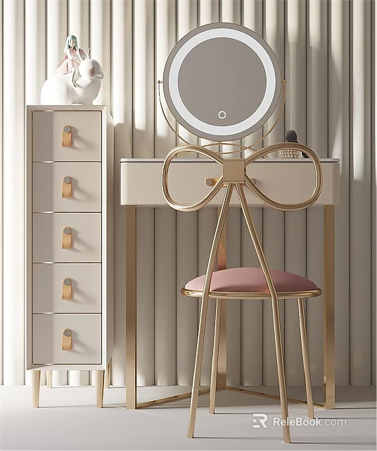 Elegant Modern Dressing Table with Round Mirror Bow Shaped Chair and Gold Accents 3d model 