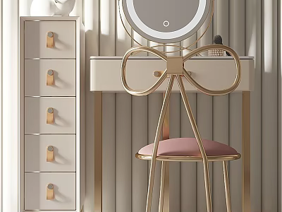 Elegant Modern Dressing Table with Round Mirror Bow Shaped Chair and Gold Accents 3d model