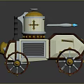 3D Rendered Steampunk Vehicle With Yellow Top White Body Brown Wheels Gold Accents Blue Light