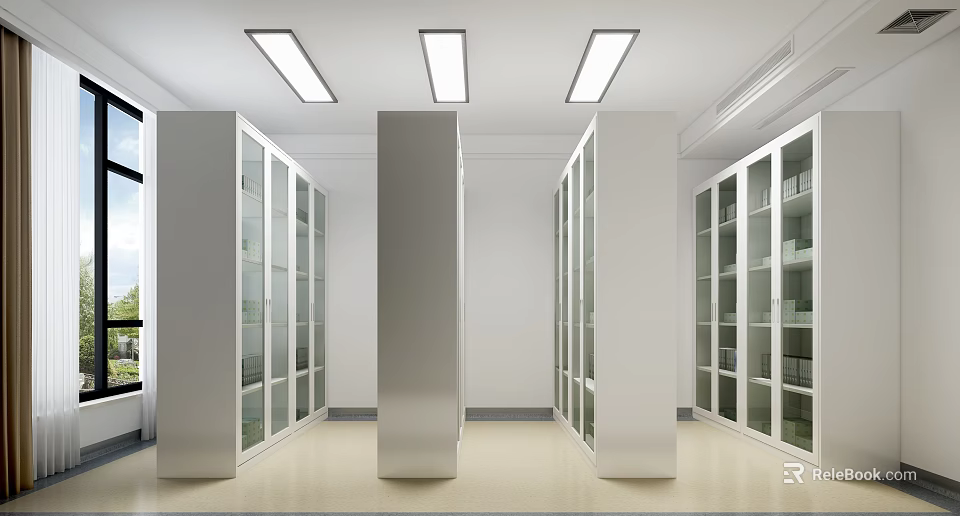 Clean Hospital Outpatient Clinic With White Glass Door Cabinets Metal Pillars And Strip Lights 3d model 