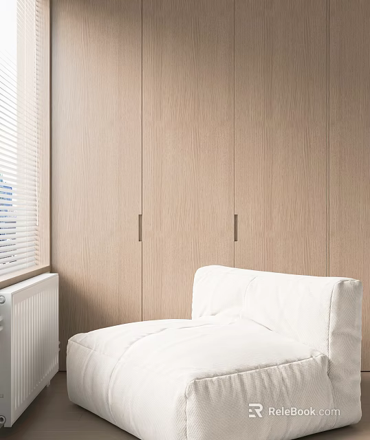 White Single Sofa in Modern Interior with Wooden Cabinets and Window Blinds 3d model