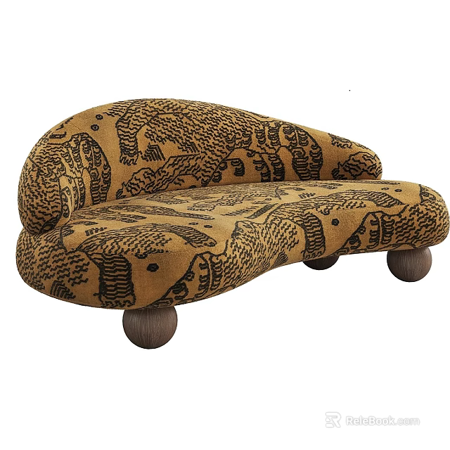 Unique Two Seater Sofa with Brown Animal Pattern Curved Design and Wooden Legs 3d model 