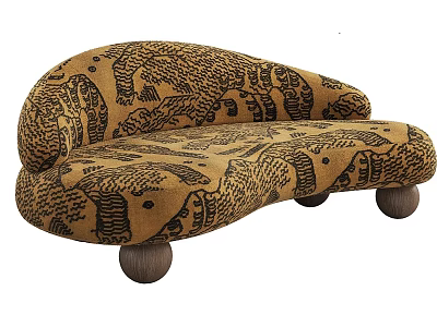 Unique Two Seater Sofa with Brown Animal Pattern Curved Design and Wooden Legs 3d model