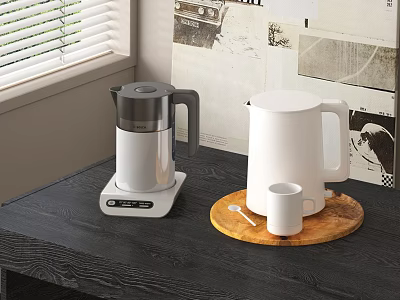 Kitchen Appliances With Electric Kettle White Kettle Wooden Tray White Mug On Dark Gray Table 3d model