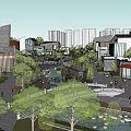 Modern Commercial Street With Modern Architecture Waterfront Lotus Pond And Stone Bridge