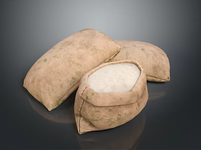 Three Brown Rice Bags With Green Marks One Open Revealing White Rice Grains Inside 3d model