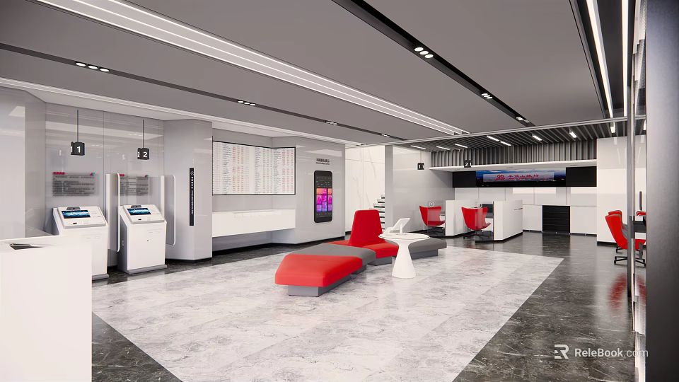 Modern Bright Service Hall Interior With Service Counters Red Seats And Information Displays 3d model 