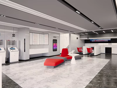 Modern Bright Service Hall Interior With Service Counters Red Seats And Information Displays 3d model
