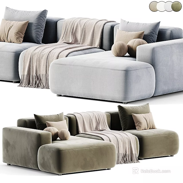 Modern Sectional Sofa Set With Decorative Pillows Throw Blanket And Ottoman 3d model 